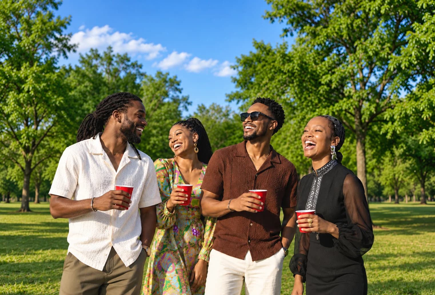 Four friends laughing together outside, drinks in hand.